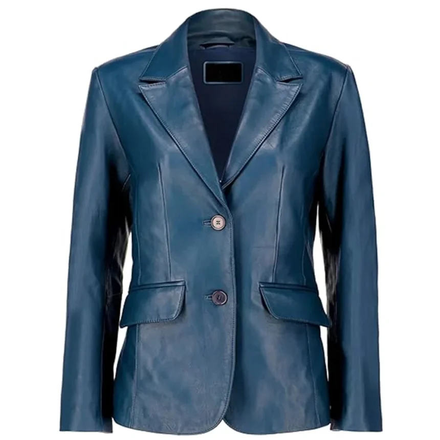 Blue-Leather-Blazer-For-Womens-Front